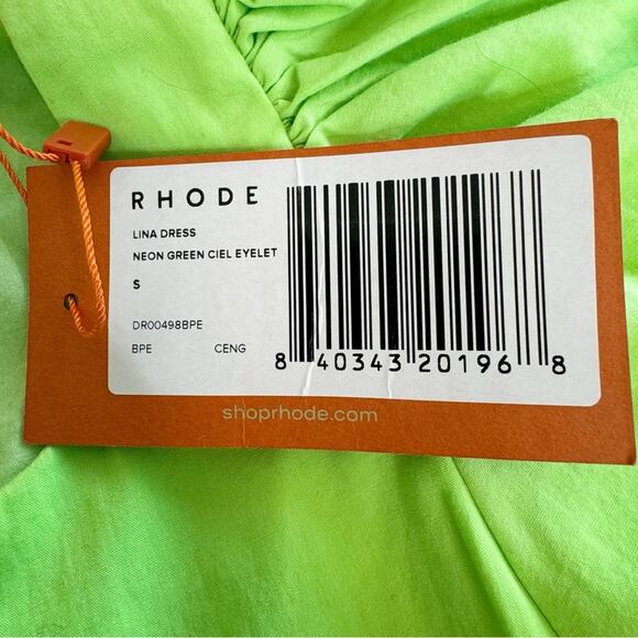RHODE Lina Midi Dressing Neon Green Ciel Eyelet Size S NWT - Picture 13 of 16